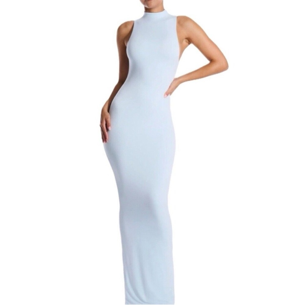 Naked wardrobe Sleeveless High-Neck Maxi Dress in Light Blue